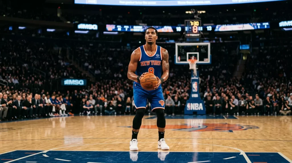 NBA-Spieler an der Freiwurflinie in voller Konzentration vor dem Wurf, Hartholzparkett unter dem Korb in einer ruhig ausgeleuchteten Arena