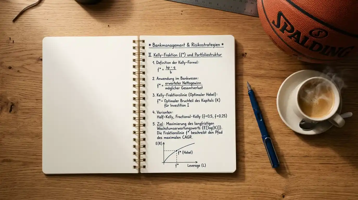 Notizbuch mit handgezeichneter Bankroll-Kurve eines NBA-Tippers