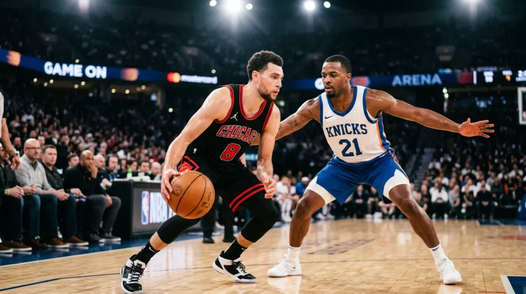Spannungsmoment in einer NBA-Halle: Spielmacher dribbelt am Drei-Punkte-Bogen, ein Verteidiger drückt aktiv, Hartholzparkett mit unscharfem Publikum im Hintergrund