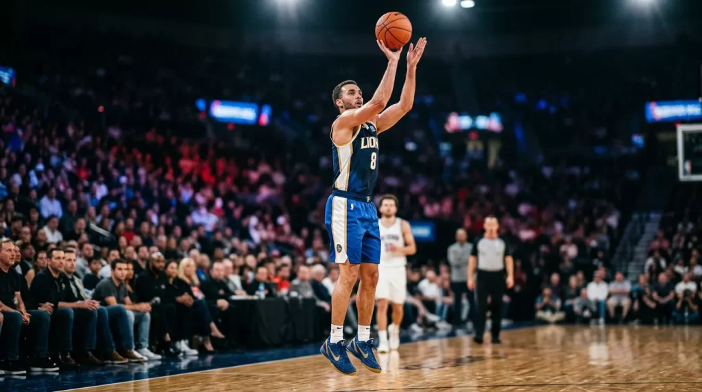 NBA-Star im Sprungwurf vor dem Korb in einer voll besetzten Arena, scharfes Hallenlicht hebt die Konzentration des Schützen hervor
