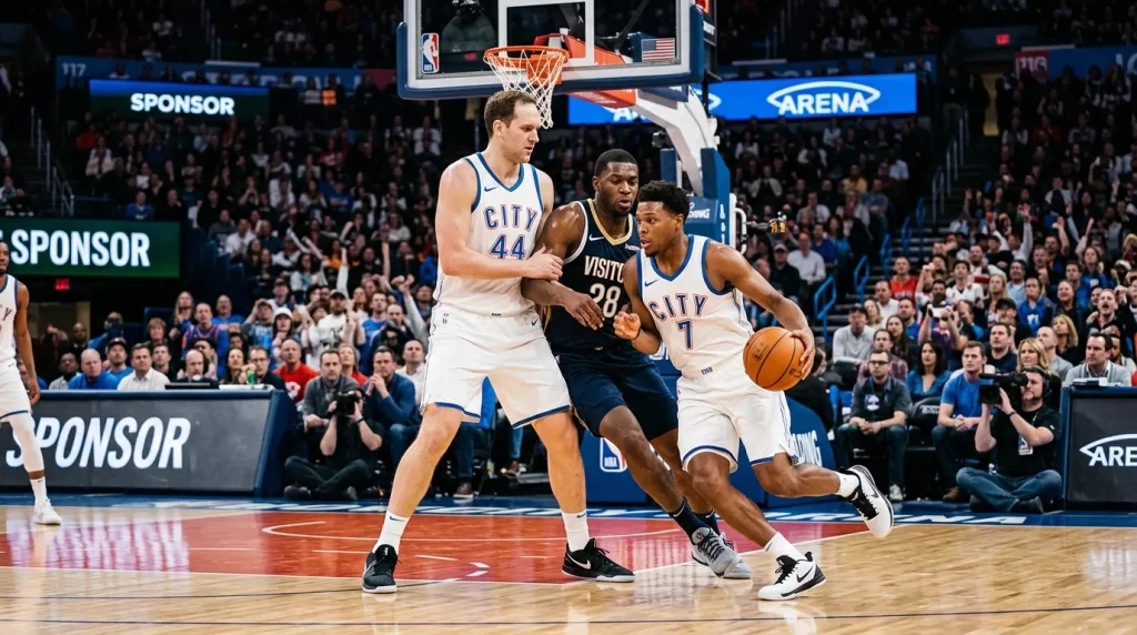 NBA-Basketballspieler in Trikots beim Pick-and-Roll am Korb in einer ausverkauften NBA-Halle
