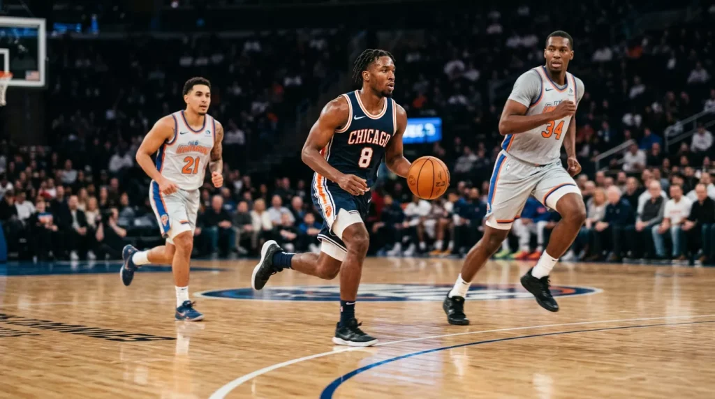 Fastbreak-Aktion in einer NBA-Arena: Aufbauspieler im Sprint zum Korb mit Mitspielern flankierend, Drei-Punkte-Bogen im Vordergrund auf dem Hartholzparkett