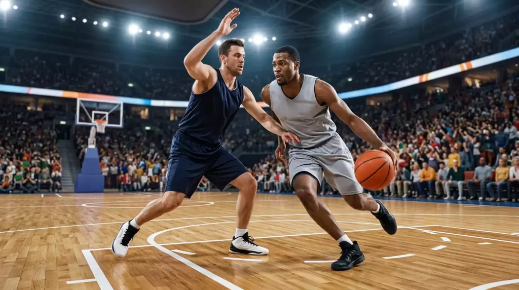 NBA-Spieler in hellem Trikot zieht gegen einen Verteidiger zum Korb in der Halle